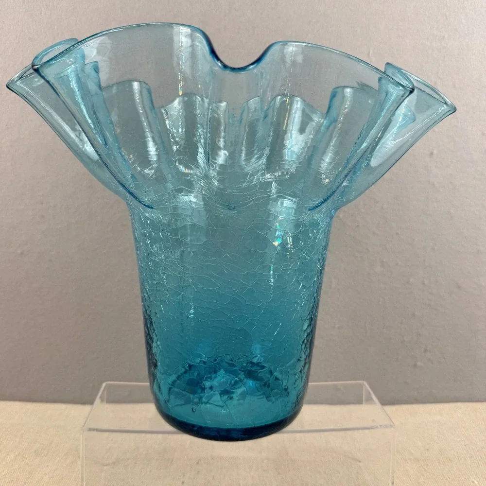 Bischoff Peacock Blue Glass‎ Crackle Vase Ruffled Rim 11